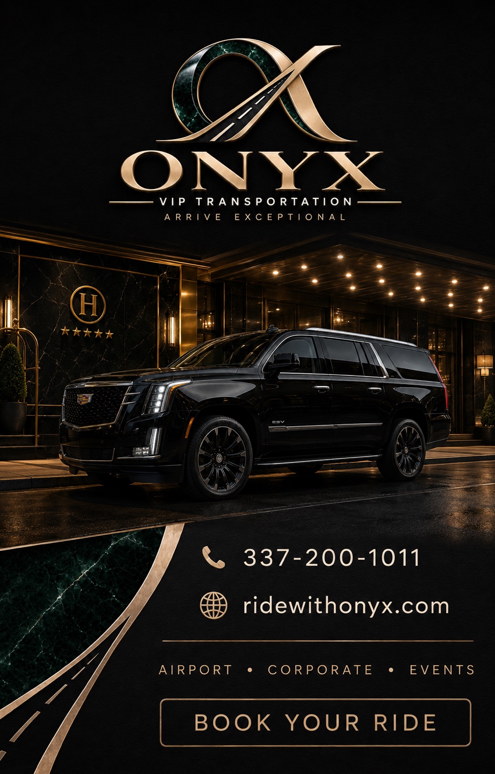 Black Cadillac Escalade outside a luxury hotel